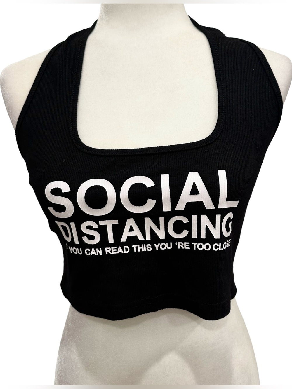 “Social Distancing” Black Halter Crop Top Size L